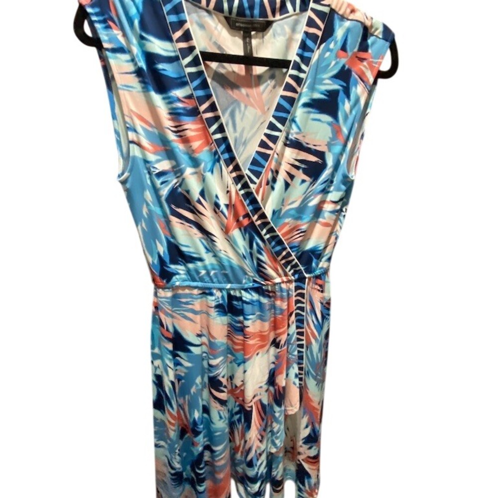 BCBGMAXAZRIA Dress Womens Size M Blue Pink Tropical Faux Wrap V-Neck